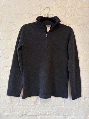 100% Merino Wool Charcoal Half-Zip Sweater with Ruffle Hem